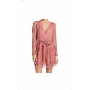 KENEDIK WOMEN'S PLEATED DOT MESH LONG SLEEVE DRESS PINK MAUVE Small